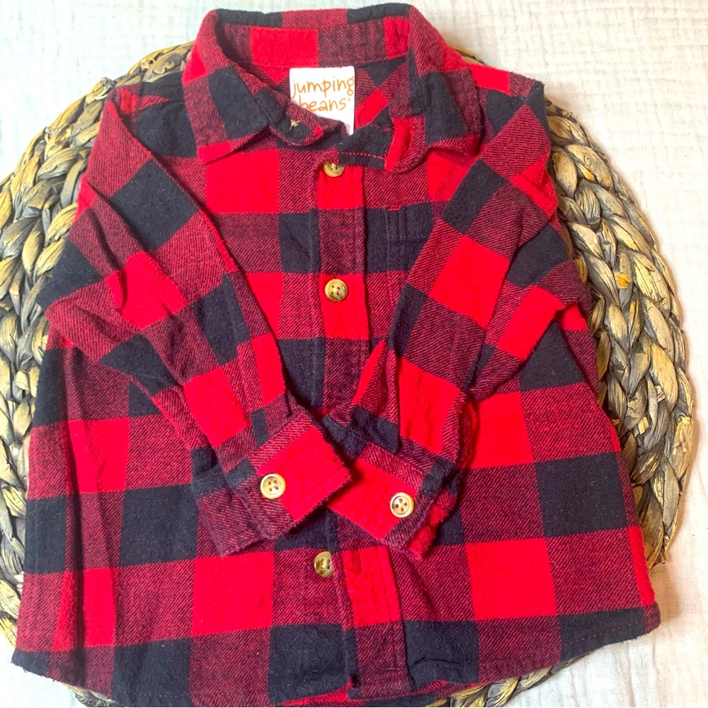 Red and black buffalo plaid Jumping Beans flannel.